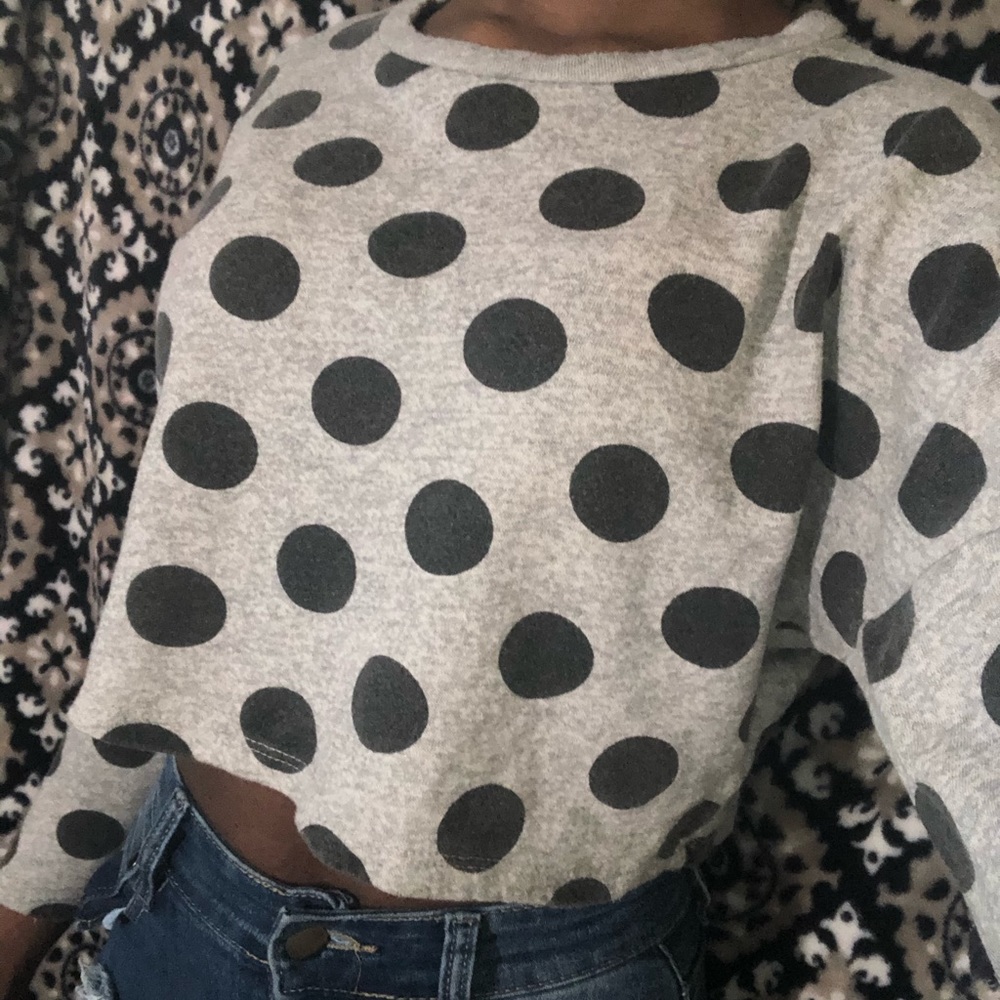 Grey and Black Polka Dot Long Sleeve Crop Top